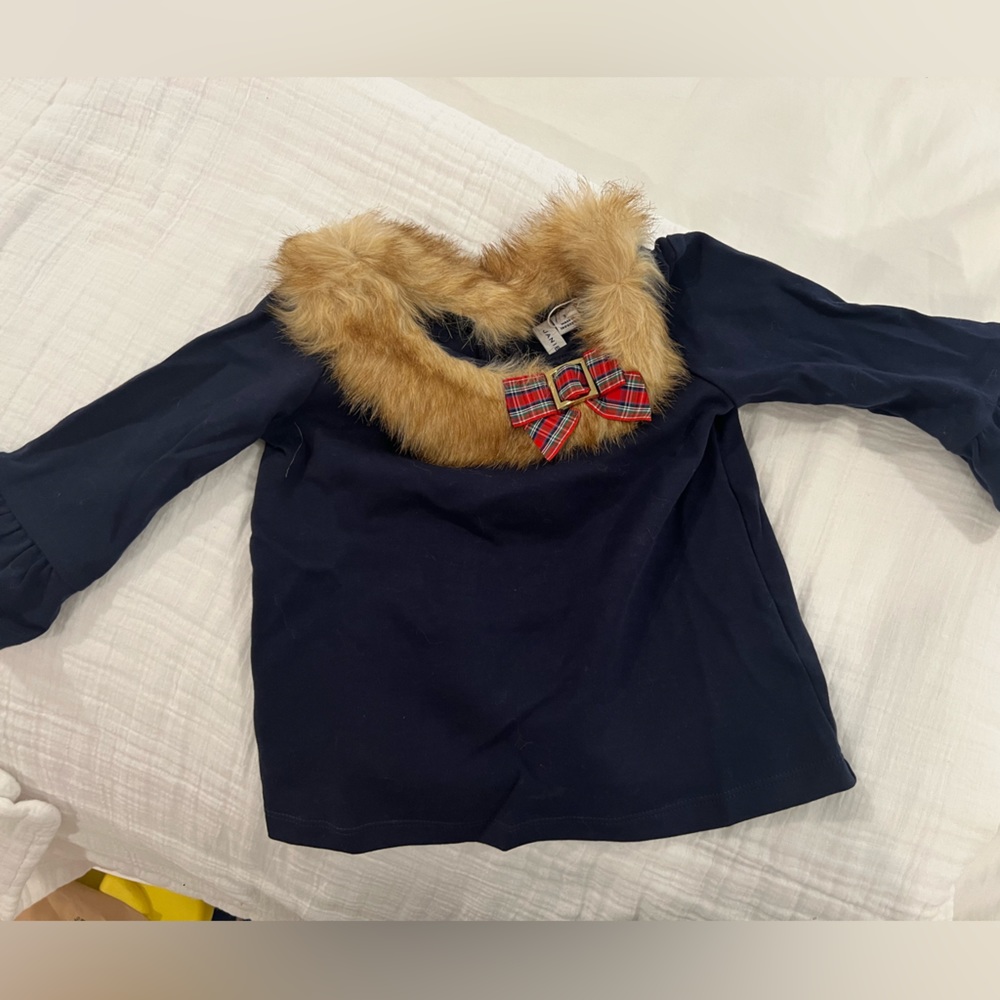Girls size 3 Janie and Jack faux fur collar shirt with tartan ribbon NWT